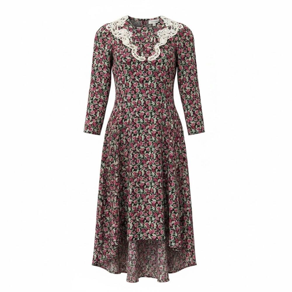 Vtg Jessica McClintock Talbots Floral Prairie Lace Collar Cottage Midi Dress 14